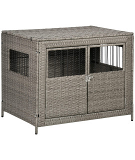 Pawhut Rattan Dog Crate With Double Doors Wicker Dog Cage With Large Entrance And Soft Washable Cushion Dog Kennel Furniture For Medium To Large Sized Dogs Grey