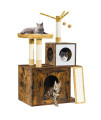 Honiter Cat Litter Box Enclosure, Wooden Cat House With Cat Tree Tower, Hidden Cat Washroom Cabinet With Scratching Post And Soft Plush Perch And Multiple Platforms, Rustic Brown