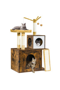 Honiter Cat Litter Box Enclosure, Wooden Cat House With Cat Tree Tower, Hidden Cat Washroom Cabinet With Scratching Post And Soft Plush Perch And Multiple Platforms, Rustic Brown