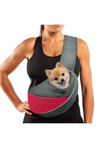 Aofook Dog Sling Carrier Anti - Pinch Hair Adjustable Breathable Mesh Sling Bag Carrier For Small Dogs Cats Red - Grey, M - Up To 8 Lbs
