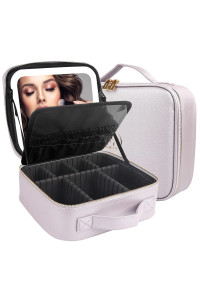 Momira Travel Cosmetic Train Case With Lighted Mirror 3 Color Scenarios Cosmetic Bag Organizer With Adjustable Dividers Makeup Storage For Women, Makeup Accessories Tools Case Violet Grey