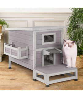 Cat House Outdoor Kitty Shelter Indoor Wooden Dog House with Balcony, Escape Door & Flower Box