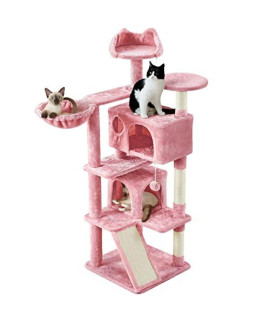 Yaheetech Cat Tree 57 Inches Cat Tower With Double Condo Scratching Board And Basket Cat Furniture For Indoor Cats Kitten- Pink