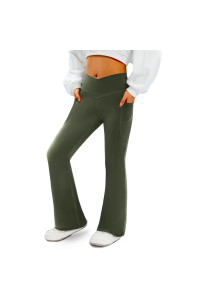 Copyleaf Womens Flare Yogo Pants With Pockets-V Crossover High Waisted Bootcut Yoga Leggings-Flare Bell Bottom Workout Gym Leggings Green