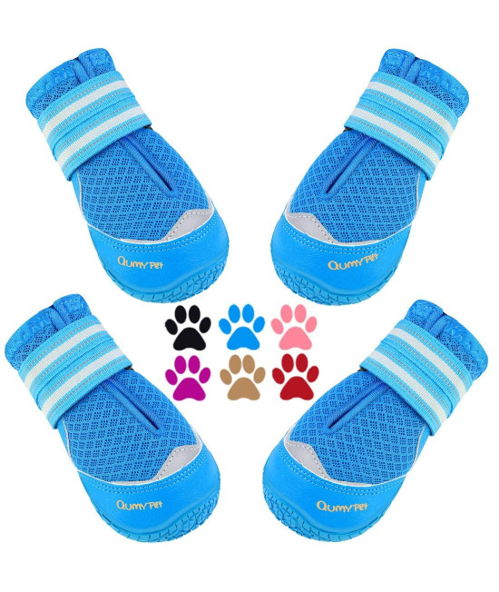 Qumy 4Pcs Dog Shoes For Hot Pavement, Medium Large Dog Boots Paw Protectors For Summer Heat Protection, Mesh Breathable Nonslip Dog Booties For Walking Running Hiking Blue Size 4