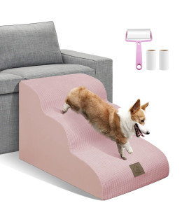 3-Tiers Foam Dog Stairs For Sofa Bed Couch, High Density Foam Steps Stairs For Indoor,Dog Stairs Ladder Ramp Non Slip For Old Small Dogs Easy Access,Holds Up To 60 Lbs,Free 3 Pcs Lint Roller Set,Pink