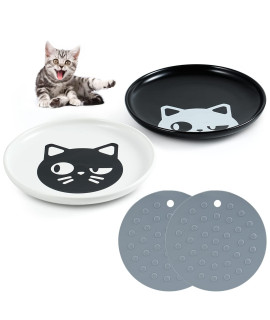 Kitwinney Cat Bowls, 2 Pack 6 Ceramic Cat Dishes With Nonslip Mats, Whisker Friendly Kitten Food Bowl, Wide, Shallow Pet Feeding Dish Or Plate For Cats And Small Dogs, Dishwasher Safe (Color1)