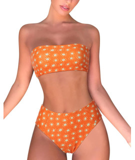 Omkagi Women Bandeau Bikini Swimsuits Cheeky Off Shoulder Bathing Suit(Xl, 3-Sun Floral)