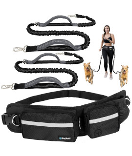 PetAmi Hands Free Dog Leash, Dog Running Leash Belt Bag for Walking, Jogging, Dog Waist Double Zipper Pouch with Poop Bag Dispenser, Dual Padded Handles Reflective Bungee Leash, Double