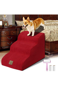 3-Tiers High Density Foam Dog Stairs For High Bed Sofa,Soft Foam Ramp Steps Stairs With Machine Washable Fabric Cover For Indoor,Slope Stairs Friendly To Pets Joints-1 Lint Roller With 2 Refills,Red