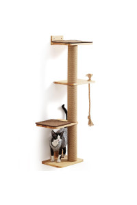 Fukumaru Cat Scratching Activity Tree Wall Mounted, 50 Inch Cat Scratch Post For Large Cats, With Cat Bed, Rubber Wood Cat Scratcher Posts For Kittens, Large