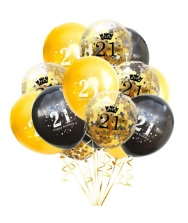 21Th Birthday Balloon (30Pcs 12Inch) Gold And Black Latex Inflatable Clear Confetti Anniversary Party Helium Balloons Decorations Supplies For 21 Year Old Man,Women,Her,Him,Son,Guys