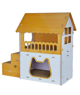 Cardboard Cat Scratcher House,Wood Cat House,Indoor Cat Beds Furniture,Cat Bed Lounge For Kittens Within 8Lbs,2 -Story Sturdy Cat Condos With Scratching Pad Board And Stairs