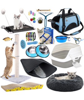 Lobeve Kitten Supplies Starter Kit - 30-Piece Set Of Cat Essentials And Cat Stuff Includes Cat Litter Box, Toys, Bed, Carrier, Bowls, Brush, And More Perfect Welcome Home Gift For Your New Cat-Blue
