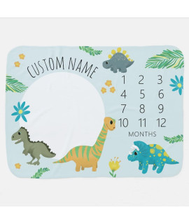 Vlanmon Personalized Baby Name Sign Newborn Growth Tracker Newborn Photo Prop Newborn Baby Boy Gift Blanket Boys Cute Jungle Blue T-Rex Dinosaur Milestone Baby Blanket