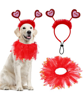 Goyoswa Dog Valentines Outfit, Dog Valentines Day Clothes Red Love Hearts Dog Headband Dog Collar With Red Ribbons Holiday Costumes For Small Medium Large Dogs