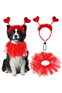 Goyoswa Dog Valentines Outfit, Dog Valentines Day Clothes Red Glitter Hearts Dog Headband Dog Collar With Red Ribbons Holiday Costumes For Small Medium Large Dogs