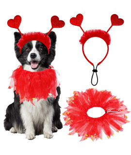 Goyoswa Dog Valentines Outfit, Dog Valentines Day Clothes Red Glitter Hearts Dog Headband Dog Collar With Red Ribbons Holiday Costumes For Small Medium Large Dogs