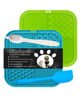 Bikabpet Lick Mat For Dogs, Peanut Butter And Slow Feeders For Dogs, Dog Lick Mat With Suction Cups, Apply Dog Bath Grooming To Divert Anxiety,Silicone Scraper And Scrubbing Brush (Bluegreen01)