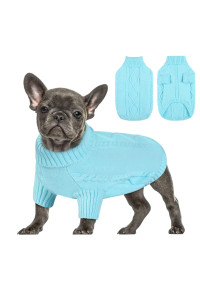 Queenmore Small Dog Pullover Sweater, Cold Weather Cable Knitwear, Classic Turtleneck Thick Warm Clothes For Chihuahua, Bulldog, Dachshund, Pug (Sky Blue, Large)
