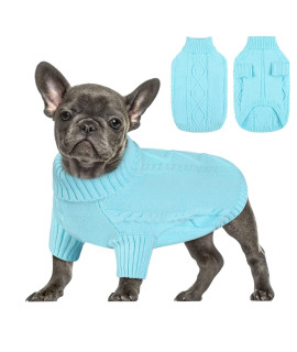 Queenmore Small Dog Pullover Sweater, Cold Weather Cable Knitwear, Classic Turtleneck Thick Warm Clothes For Chihuahua, Bulldog, Dachshund, Pug (Sky Blue, Large)