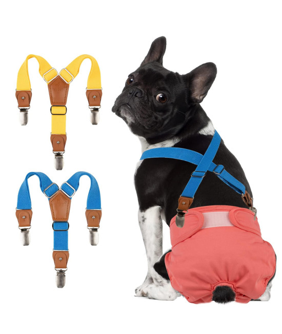 Pet Soft Dog Suspenders 2 Pieces Female Dog Diaper Suspenders For Dogs Diaper Keeper Suspender For Dog Skirt, Dog Dress (Gold Blue, Xss)