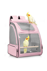Bird Carrier Backpack Cage (Pink), Carrier With Stainless Steel Foodbowl And Stainless Steel Tray Wooden Standing Perch, Bird Travel Cage For Small Birds, Green Cheek, Cockatiel, Parrot