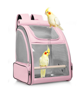Bird Carrier Backpack Cage (Pink), Carrier With Stainless Steel Foodbowl And Stainless Steel Tray Wooden Standing Perch, Bird Travel Cage For Small Birds, Green Cheek, Cockatiel, Parrot