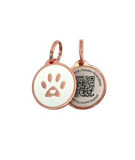 Pet Dwelling 2D QR Code Pet ID Tag - Dog Tags - Cat Tags - Online Pet Profile - Scan Tag Location - Instant Email Notification(Rose Gold White Paw)