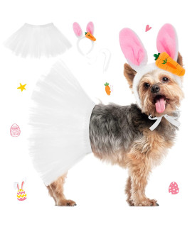 Dog Easter Costume Set, Adorable Tutu Skirt Bunny Ears Headband, Puppy Easter Outfit Girly Set, White Tulle Ballerina Dress And Carrot Headdress For Dogs, Easter Decorations Supplies