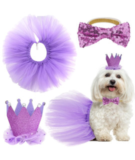 Dog Party Costume Set, Purple Tulle Ballerina Dress With Princess Crown Bowtie For Birthday Parties, Wedding, Sweet Outfit Favors For Small Medium Dogs, Cats