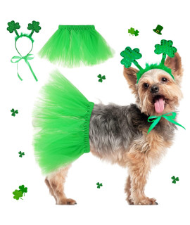 2Pcs St Patricks Day Dog Outfit, Green Puppy Tutu Skirt Shamrock Headband, Adorable Holiday Dog Costume Garment Set For St Patricks Day Decorations, Party Favors