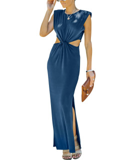 Prinbara Womens Casual Side Cutout Long Dress Padded Shoulder Twist Slit Knit Solid Sexy Bodycon Maxi Dresses 4Pa80-Zhenglan-Xs Navy Blue