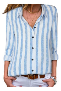 Astylish Women Casual Cuffed Long Sleeve Button Up V Neck Striped Tunic Shirts Tops Light Blue X-Large