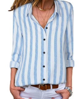 Astylish Women Casual Cuffed Long Sleeve Button Up V Neck Striped Tunic Shirts Tops Light Blue X-Large