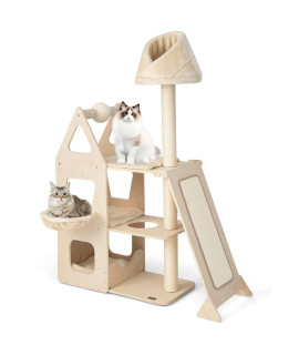Petsite 64 Tall Cat Tree Tower For Indoor Cats Modern Cat Activity Center With Top Perch Condos Basket Bed Sisal Posts Scratching Board & Ball Beige