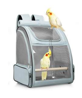 Bird Carrier Backpack Cage (Space Grey), Carrier With Stainless Steel Foodbowl And Stainless Steel Tray Wooden Standing Perch, Bird Travel Cage For Small Birds, Green Cheek, Cockatiel, Parrot