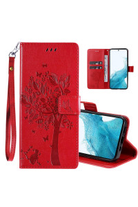 Phone Case For Samsung Galaxy S23 Plus Case,Wallet Case,Pu Leather Tree Cat Flowers Embossed Wrist Strap Card Slots Pocket Kickstand Flip Cover For Samsung Galaxy S23 Plus Red