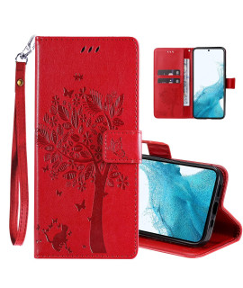 Phone Case For Samsung Galaxy S23 Plus Case,Wallet Case,Pu Leather Tree Cat Flowers Embossed Wrist Strap Card Slots Pocket Kickstand Flip Cover For Samsung Galaxy S23 Plus Red