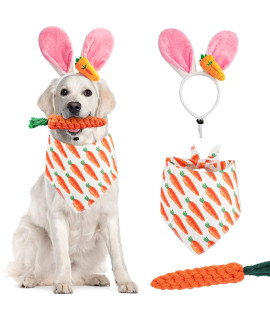 Dog Easter Bunny Costume, 3 Pack Pet Rabbit Ears Headband Dog Carrot Bandana And Toy Set, Easter Dog Costumes For Small Medium Dogs Cat Puppy, Dog Headwear Triangle Scarf Bibs Party Accessory