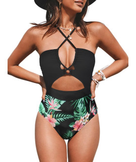 Cupshe Women One Piece Swimsuit Cutouts Tropical Print Criss Cross Drawstring Adjustable Straps Bathing Suit
