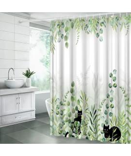Amhnf Sage Green Leaves Shower Curtain Eucalyptus Leaf Funny Cat Kitty Kitten Botanical Watercolor Floral Plant Aesthetic Nature Spring Bathroom Decor Fabric Curtain With Hooks
