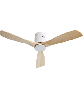 Caci Mall 52 Inch Low Profile Ceiling Fan No Light Wood Fan Blades Flush Mount Ceiling Fan Noiseless Reversible Dc Motor Remote Control Without Light (White)