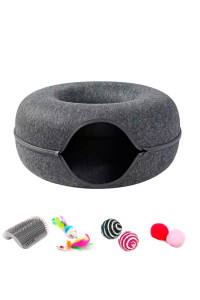 Cat Tunnel Bed With Cat Self Groomer And 6 Toys Cat Donut Peekaboo Cat Cave Bed Scratch Resistant Detachable And Washable (24 In X 24 In X 11In, Dark Grey)