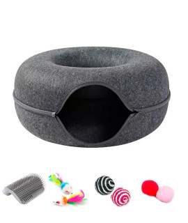 Cat Tunnel Bed With Cat Self Groomer And 6 Toys Cat Donut Peekaboo Cat Cave Bed Scratch Resistant Detachable And Washable (24 In X 24 In X 11In, Dark Grey)