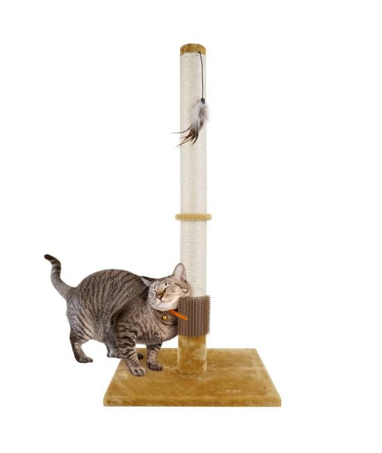 Lahas Cat Scratching Post With Brush For Indoor Cats,Natural Sisal Cover,34 Inch Tall, Kitten Adult Cat Scratch Vertical Toy With Tree Tower,Feather,Rope Scratcher, Cat Arch Self Groomer