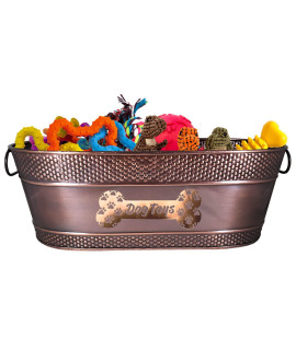 Metal Indestructible Dog Toy Bin - Galvanized Accessory Storage Bin with Handles, Organizer Storage Basket for Pet Toys, Blankets, Leashes - Pawprint Design Home Decor (White - 15 Quart)