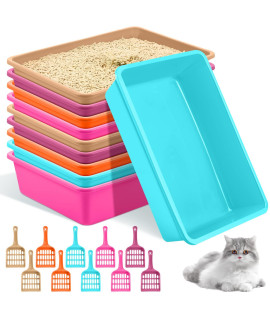 10Pcs Open Cat Litter Box Kitten Litter Pan With 10 Scooper Medium Plastic Litter Tray Durable Nonstick Litter Box For Indoor Pets Cats Rabbit Supplies Easy To Clean,146X106X34 Inch, Assorted Color