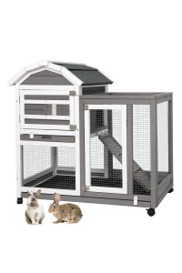 Ketive Rabbit Hutch Indoor Outdoor Bunny Cages Weatherproof Wooden 2 Story Rabbit Cage With Wheels, Deep No Leak Pull Out Tray