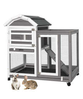 Ketive Rabbit Hutch Indoor Outdoor Bunny Cages Weatherproof Wooden 2 Story Rabbit Cage With Wheels, Deep No Leak Pull Out Tray